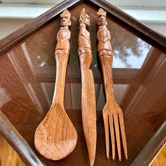 Vintage Hand Carved African Tribal Knife Fork Spoon Serving Utensils - Picture 7 of 15